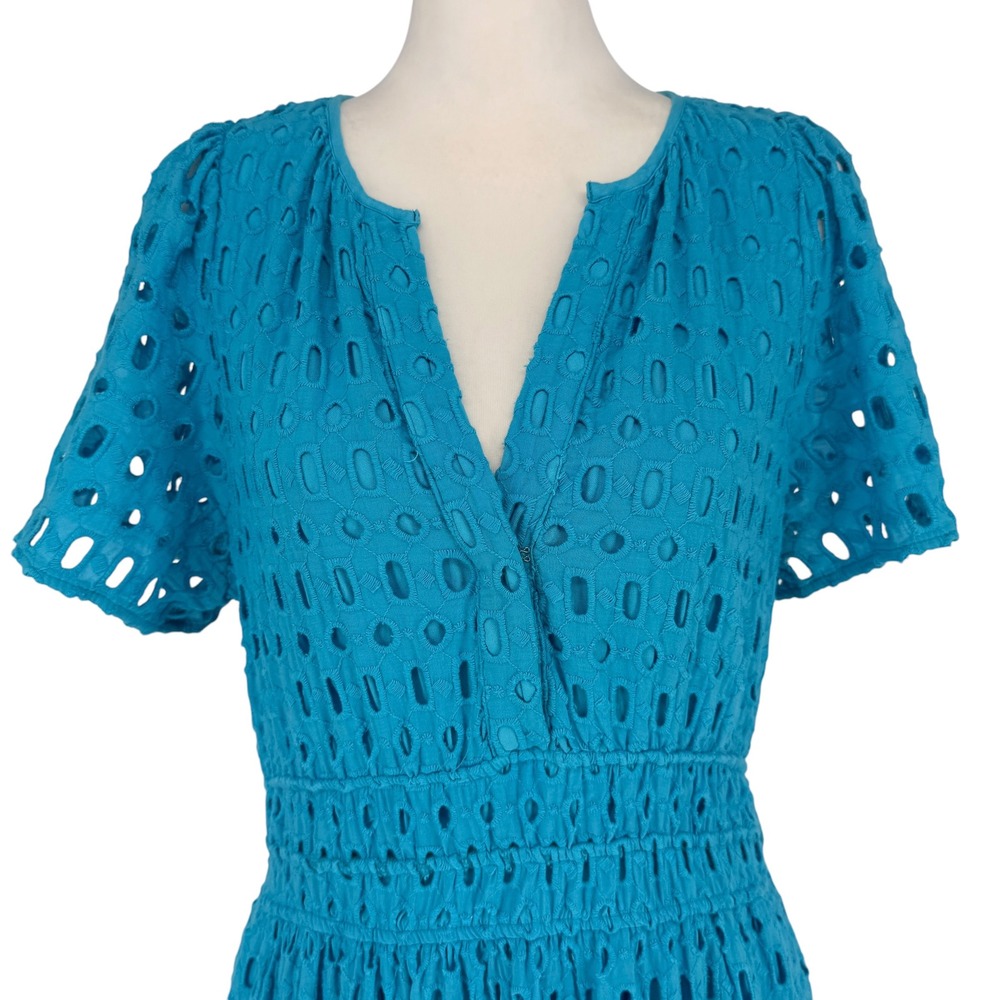Anthropologie Somerset Long Maxi Dress Size L Blue Eyelet Smocked Tiered V Neck - Picture 3 of 10